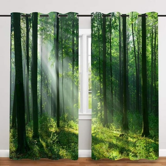 Forest Curtains, Green Trees Blackout Curtain Woodland Window Treatment Drapes For Living Room Bedroom Hotel 42"W x 63"L (Pack of 2)