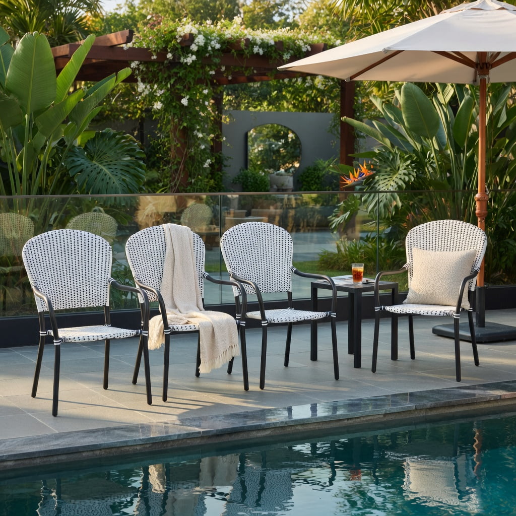 Hommoo 4-Pack Stackable Outdoor Dining Chairs, PE Rattan with Black Steel Frame, Weather-Resistant Patio Chairs for Garden, Poolside & Backyard, White