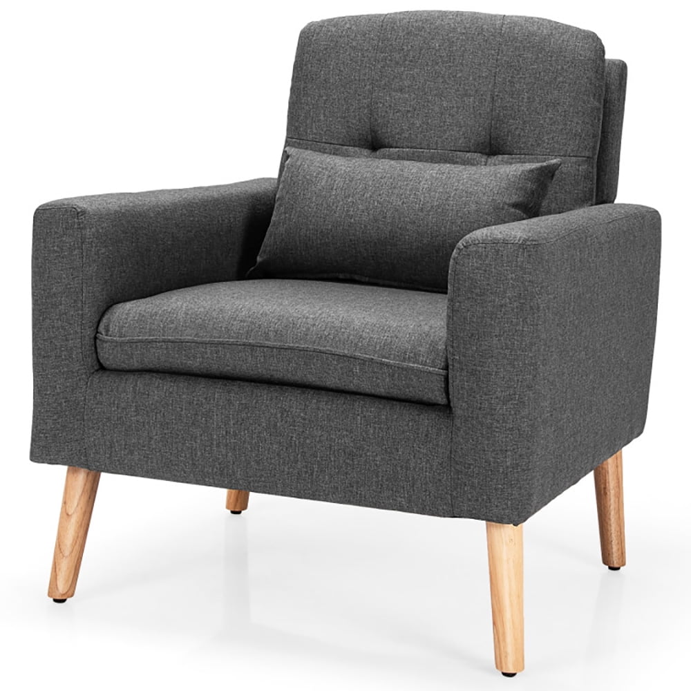 Finihen Upholstered Accent Chair, Modern Comfy Armchair Single Sofa, Linen Fabric Single Sofa Armchair with Waist Pillow, for Living Room, Bedroom, Gray