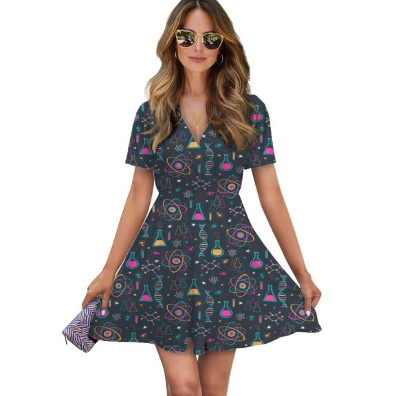 Midcentury Modern Science Women Dress V-Neck Short Sleeve Flowy Swing Party Midi Dress
