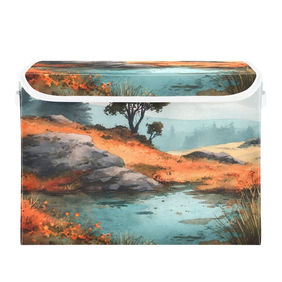 Storage Box With Lid 16.5x12.6x11.8In Foldable Stacked Household Storage Box Watercolor Tree