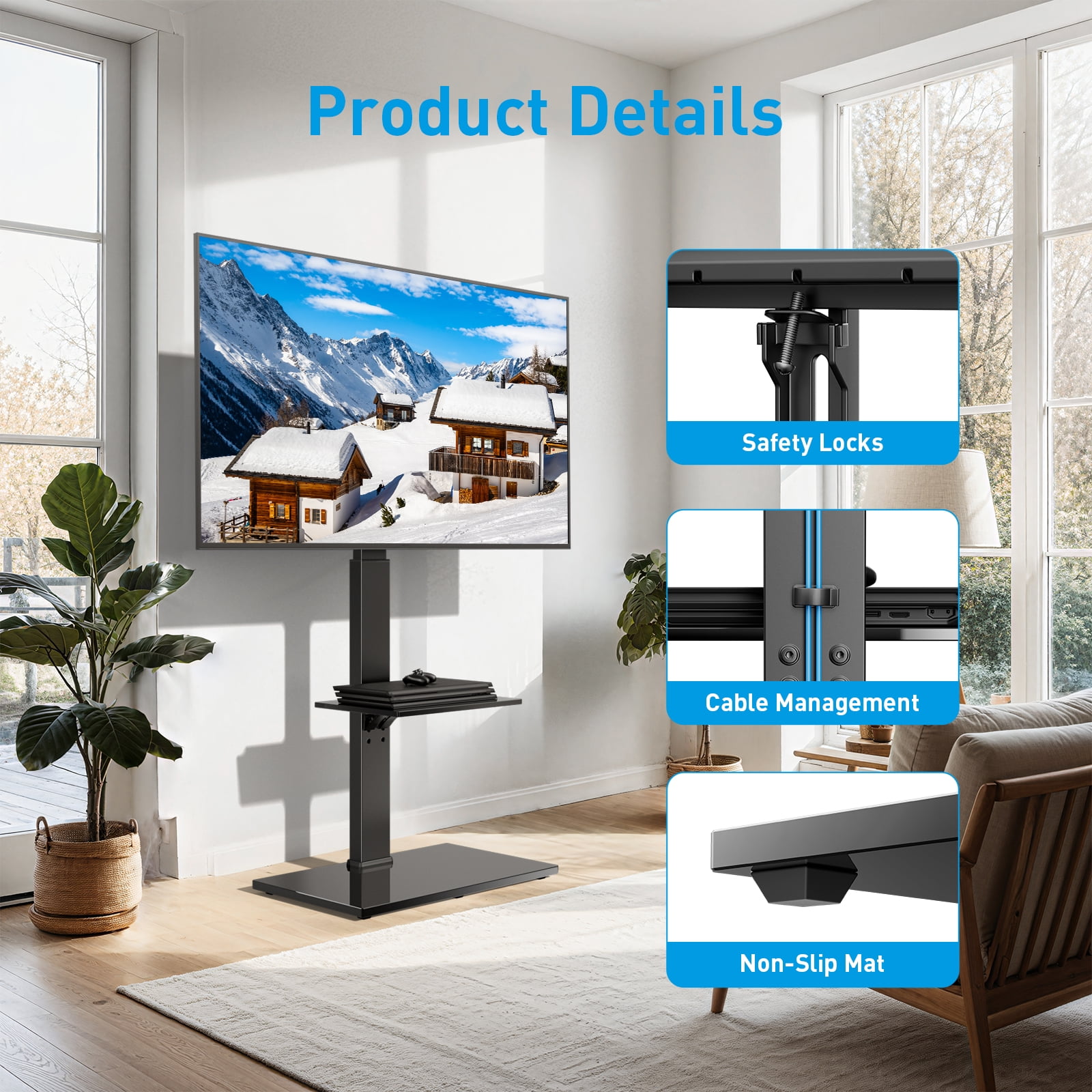 MountFTV Swivel Floor TV Stand with 8-Level Height Adjustment and Tilt for 30-75 inch TVs, Tall TV Stand with Mount Holds up to 110 lbs on Tempered Glass Base, Max 600x400mm