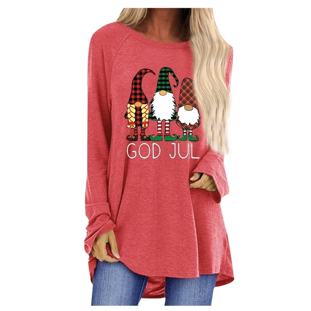 Camisas Navideñas Para Mujer Blusa de Manga Larga Con Estampado de Cuello Redondo Informal Odeerbi ODB206432