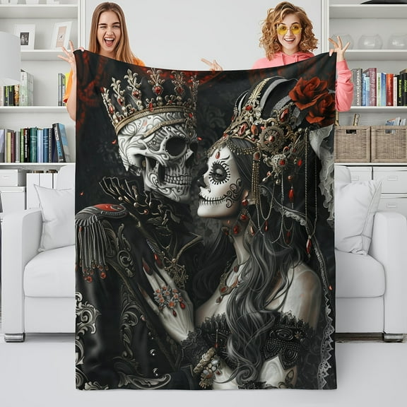 Husband Gifts Blanket For Wife Skull Couple Printed Soft Blanket Flannel Blanket Warm Skin-friendly Office Nap Throw Blanket, Sofa Bed Blanket For Halloween