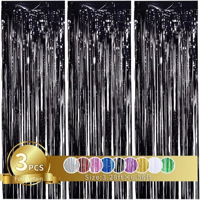 CUITING Rideaux à Franges en Papier Métallique Noir 3 Pcs 3.28 Pieds x 6.56 Pieds pour Fête