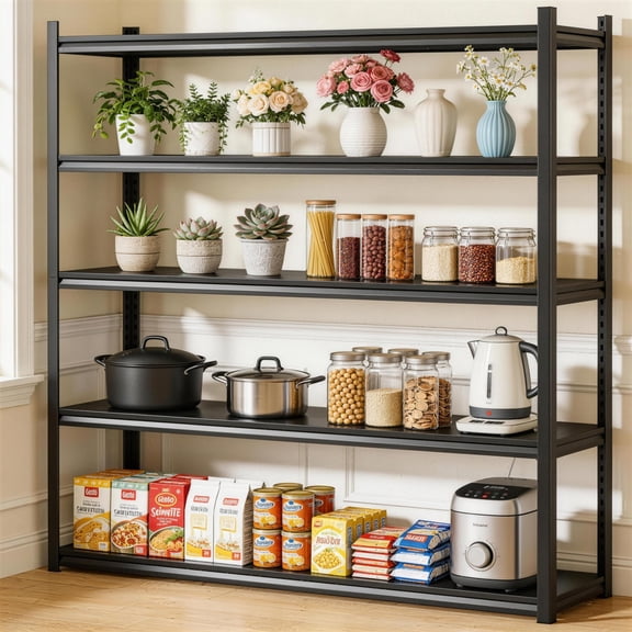 Metal Garage Shelving Unit, Heavy Duty 5-Tier Adjustable Storage Rack, Steel Shelving, 3000 lbs, Industrial Shelves for Heavy Tools & Equipment, Ideal for Garage, Basement, Black, 63''H*40''W*16''D