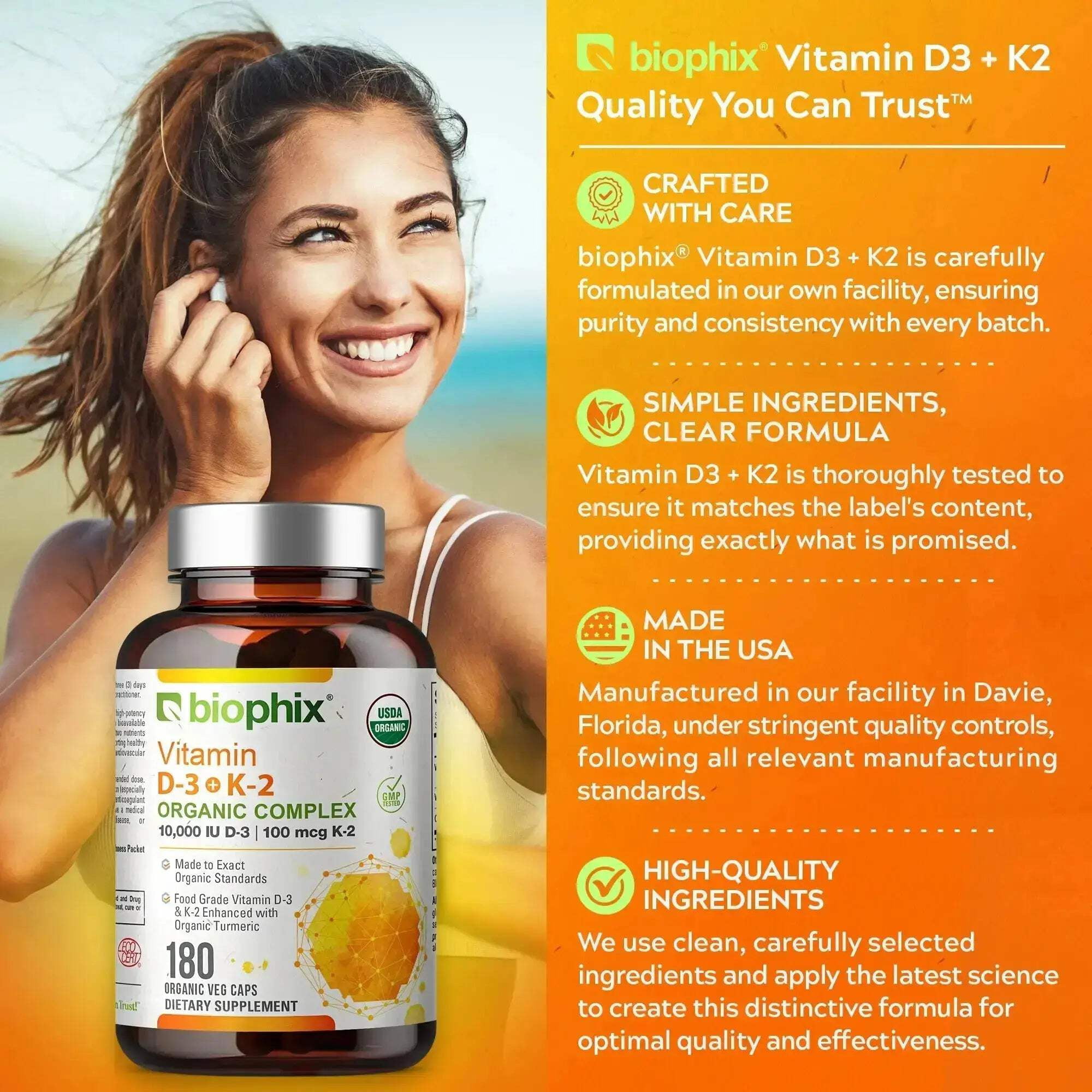 biophix Organic Vitamin D-3 K2 Turmeric 180 Vcaps - High-Potency Supports Strong Bones Immune Health