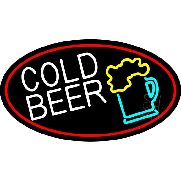 Cold Beer And Beer Mug Oval With Red Border LED Neon Sign 20 x 37 - inches, Clear Edge Cut Acrylic Backing, with Dimmer - Bright and Premium built indoor LED Neon Sign for Bar decor.