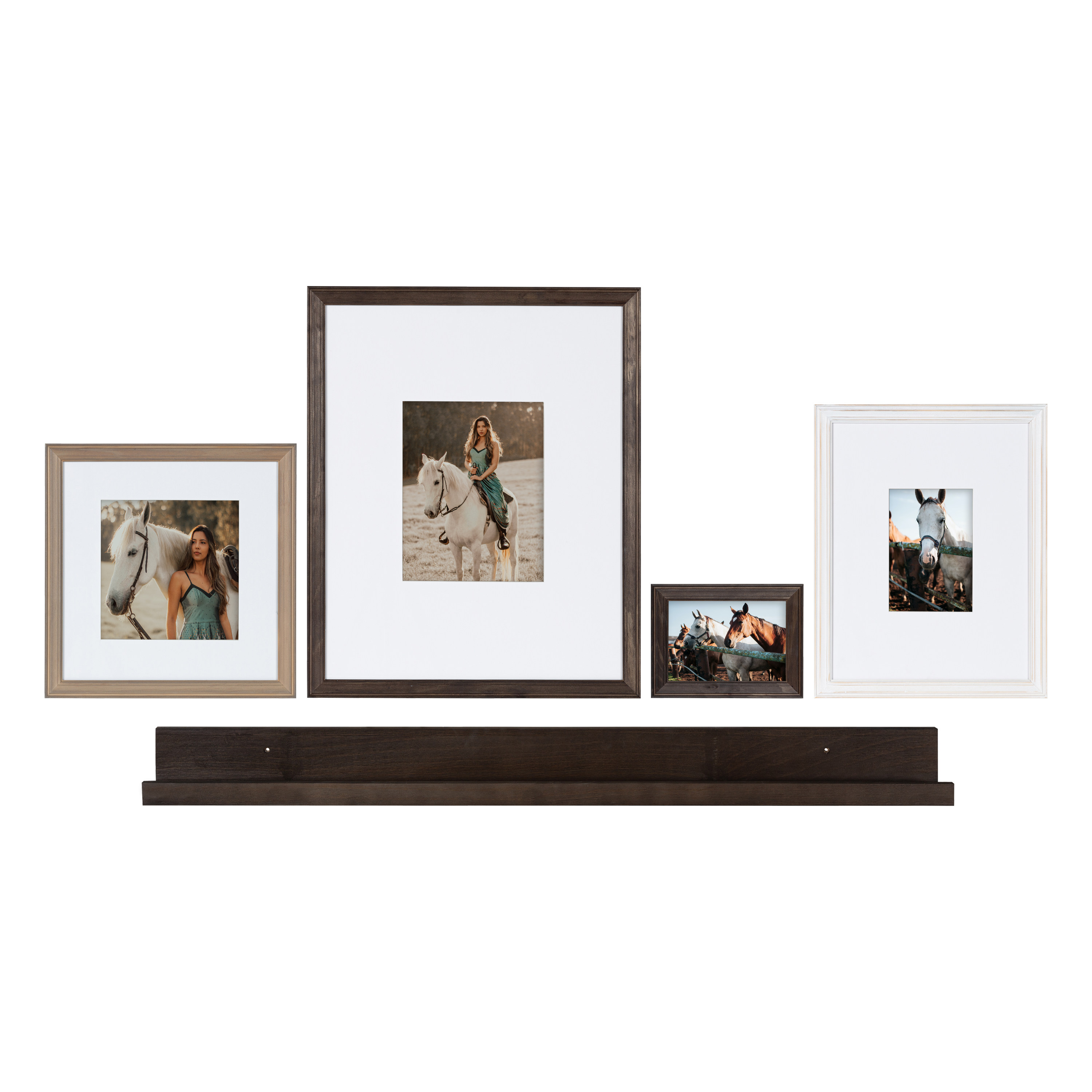Kate and Laurel Bordeaux Gallery Wall Frame and Shelf Kit, Set of 5, Multiple Finishes, Assorted Size Wooden Frames and Display Shelf