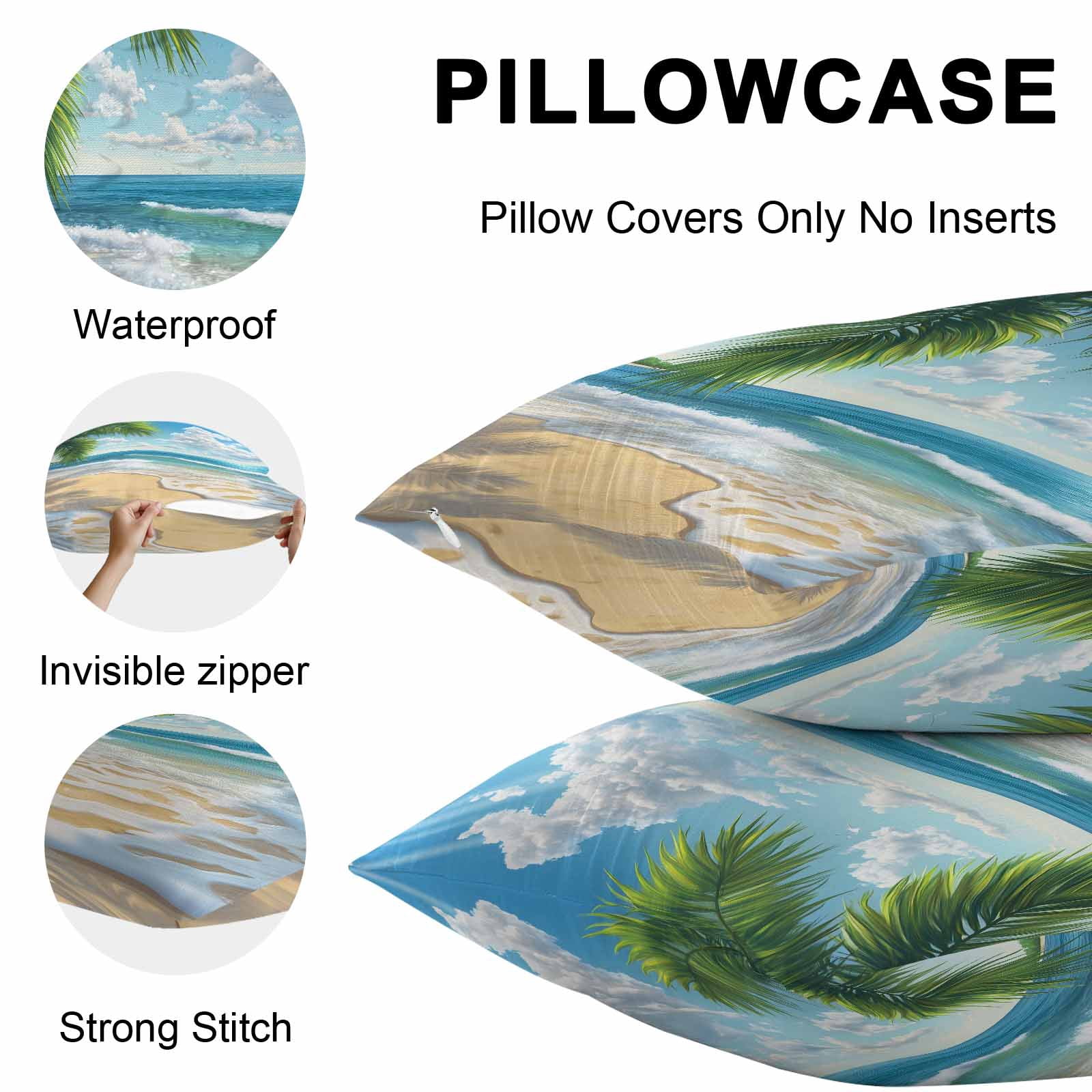 Waterproof Throw Pillow Covers 16x16 Set of 2, Summer Beach Blue Seawater Outdoor Pillowcases with Invisible Zipper, Tropical Plant Palm Tree Decorative Cushion Covers for Patio Garden Sofa Couch