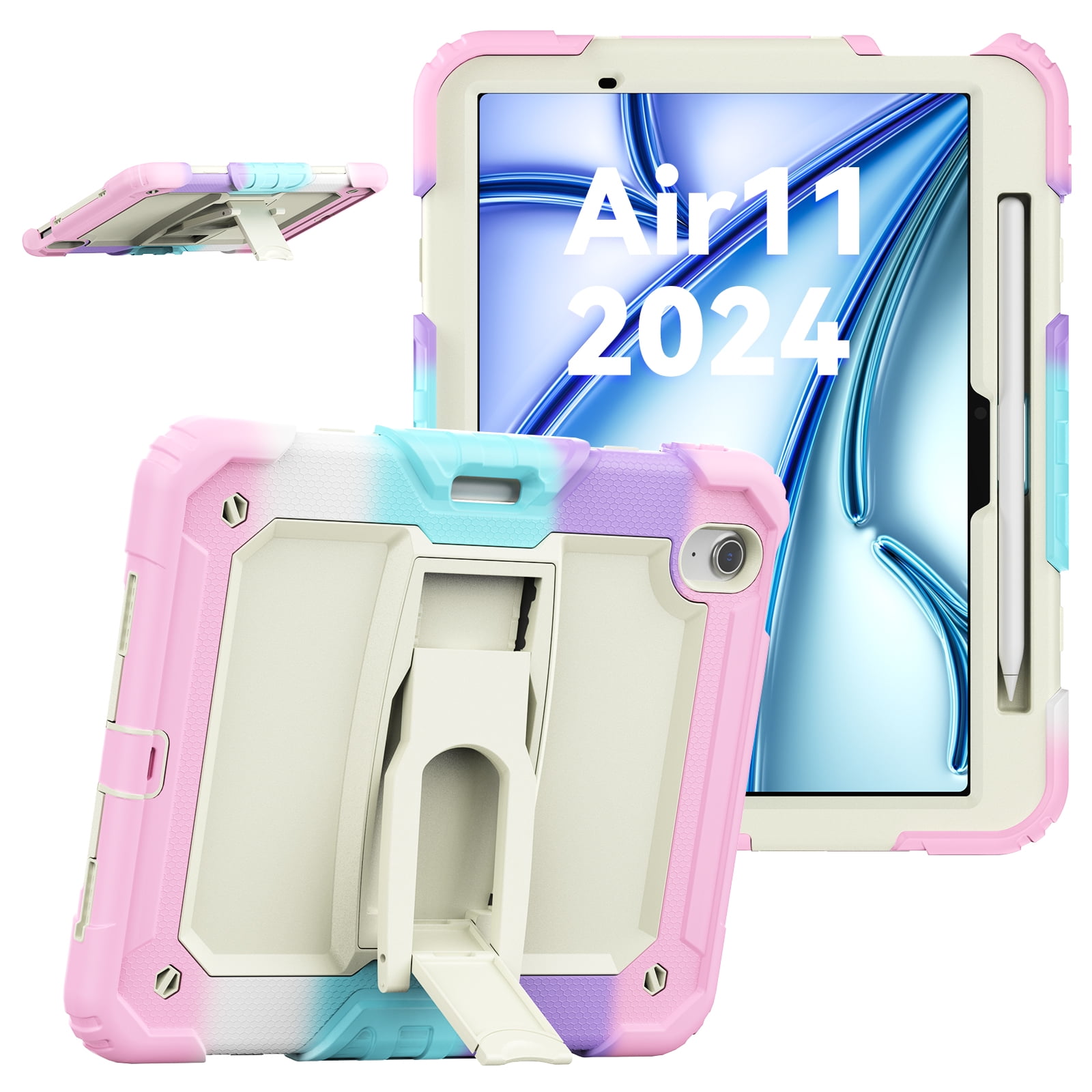 Dteck Built-in Screen Protector Case for iPad Air 11 inch 2025/2024 ,Heavy Duty Silicone Case Foldable Stand Cover Built-in Pencil Holder with Shoulder Strap for iPad Air 11-in. M3/M2,Colorful/Pink