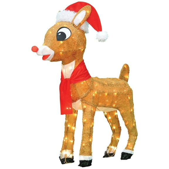Rudolph Prelit Incandescent 3D Christmas Yard Decor, Rudolph with Santa Hat & Scarf 120 Lights 32"