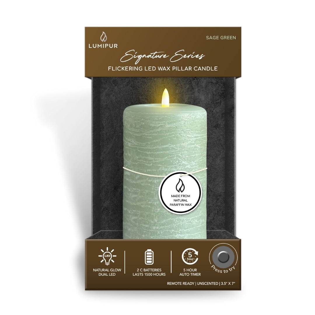 LumiPur Signature Natural Glow Flickering Flameless LED Wax Pillar Candle (3.5" x 7", Sage Green)