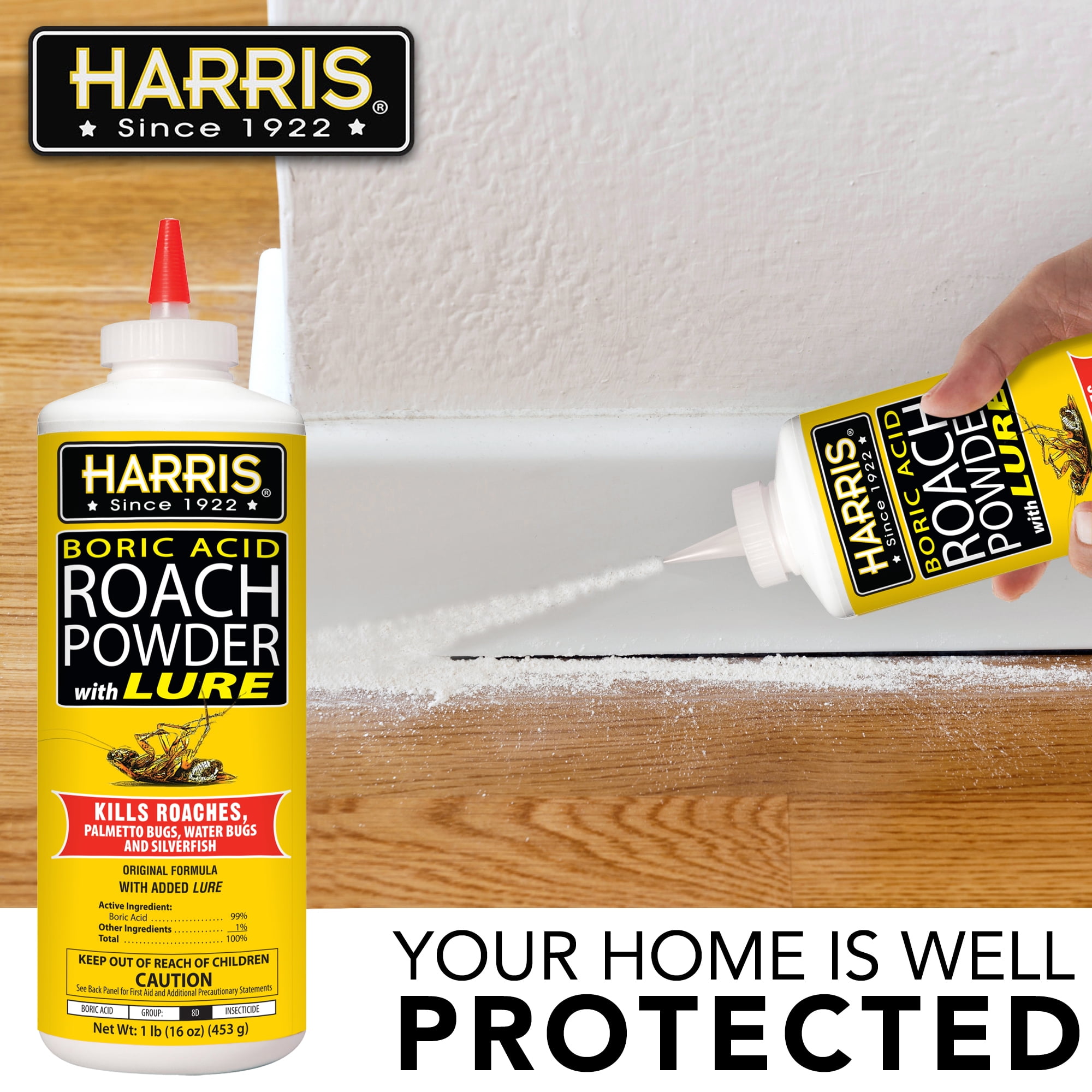 Harris Boric Acid Roach Killer Powder with Lure, Indoor Use, 16oz