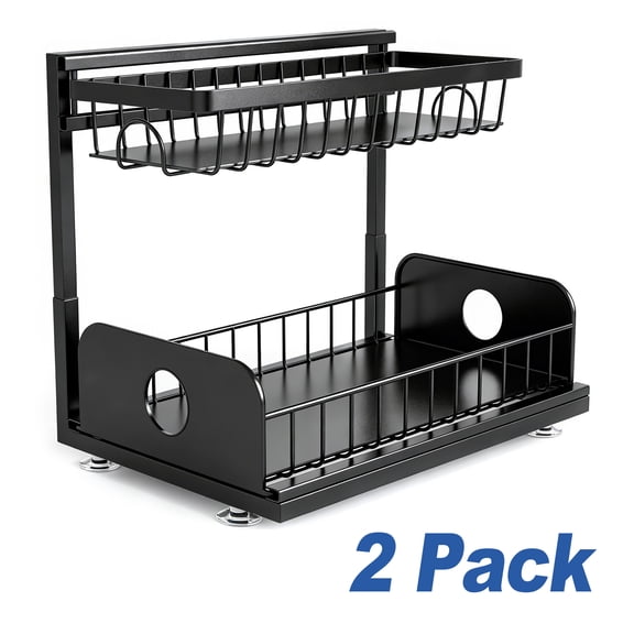 2 Pack Under Sink Organizer, 2 Tier Metal Pull Out Under Sink Storage, Cabinet Storage Organizer, Slide Out Under Sink Organizer for Kitchen Bathroom Cabinet