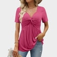 thumbnail image 2 of UJNDER Women's V Neck Short Sleeve Front Knotted Warm Top for Casual Solid Tops and Everyday Outfits Hot Pink M, 2 of 6