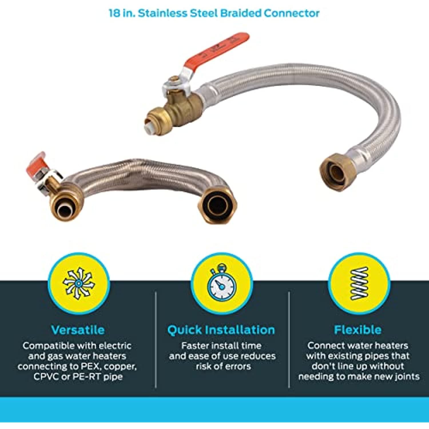 Shark Bite U3068FLEX18BVLF 1/2" X 3/4" X 18" Stainless Steel Braided Flexible Water Heater Connector With Ball Valve
