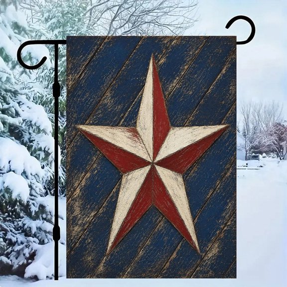 RKSupls Patriotic Linen Double Sided Garden Flag, Independence Day Themed Yard Decor, Rustic Barn Star Red White Blue Wood Outdoor Banner for Holiday Lawn