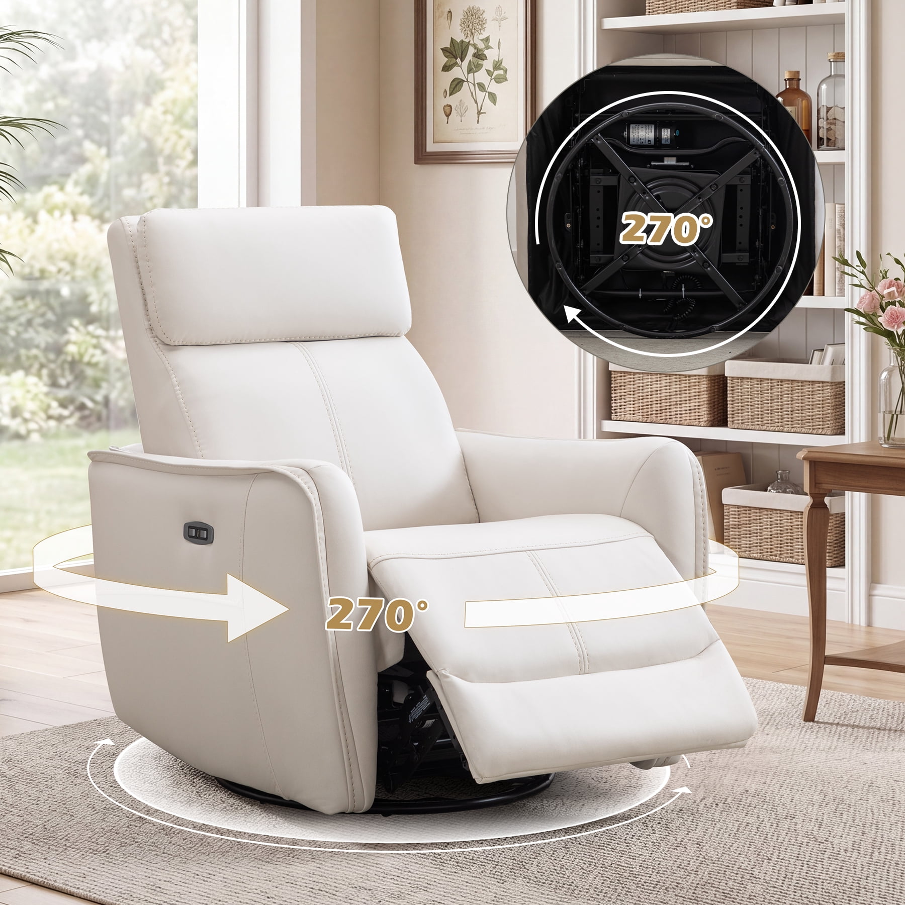 Ebello Power PU Leather Swivel Rocker Recliner, Electric Swivel Glider Chair with USB & Type-C Ports for Nursery, Living Room, Beige