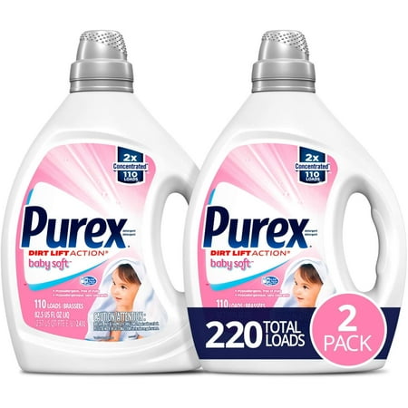 Purex Liquid Laundry Detergent, Baby Soft, Hypoallergenic, 2X Concentrated, 2 Pack, 220 Total