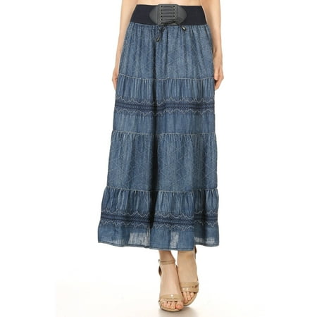 Flare Tiered, Diamond Pattern Denim Layers Skirt with a Banded Waist Tie