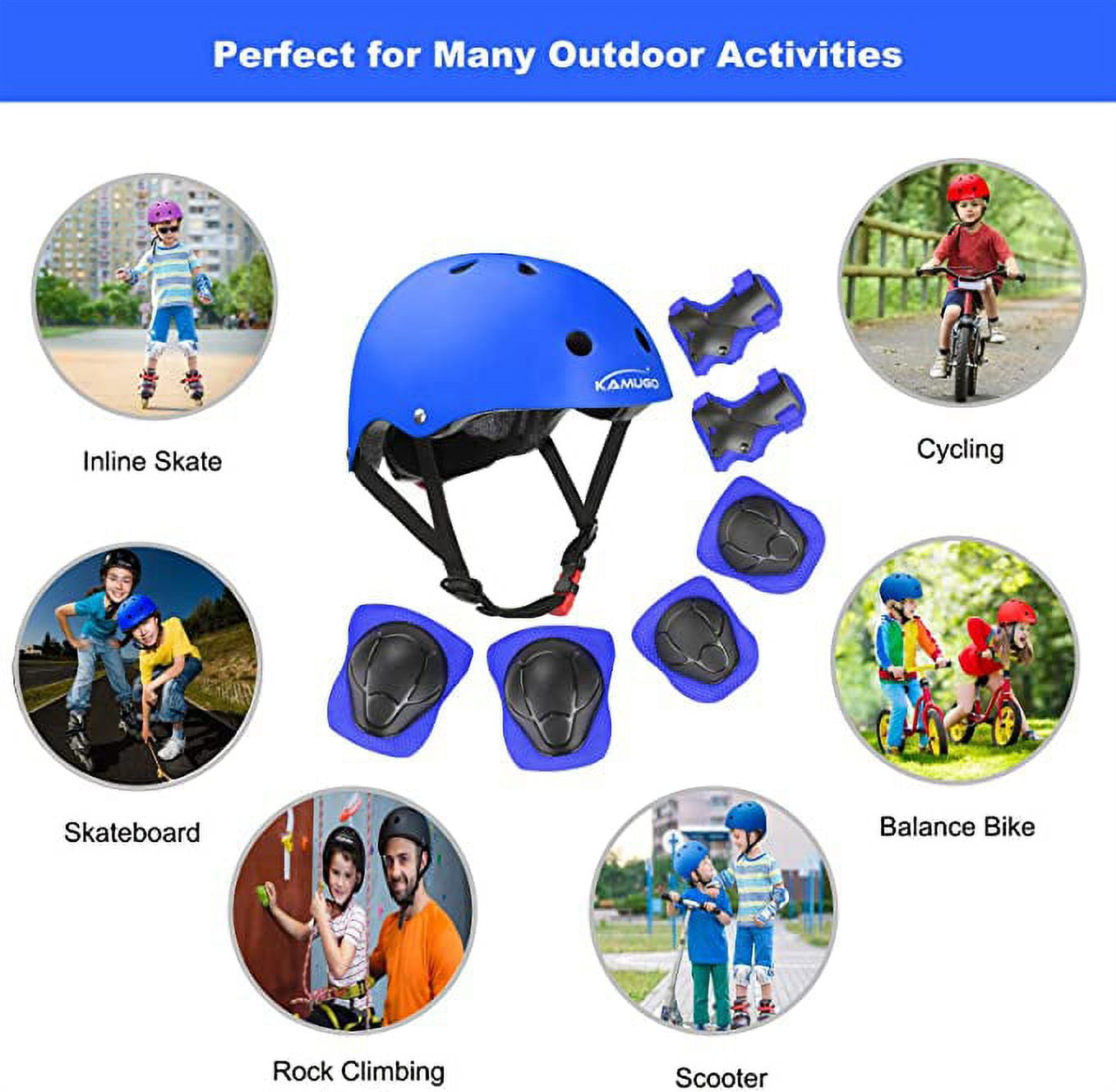 KAMUGO Helmets for Kids Set, Kids Safety Helmet and Sport Knee and Elbow Pad ,Blue