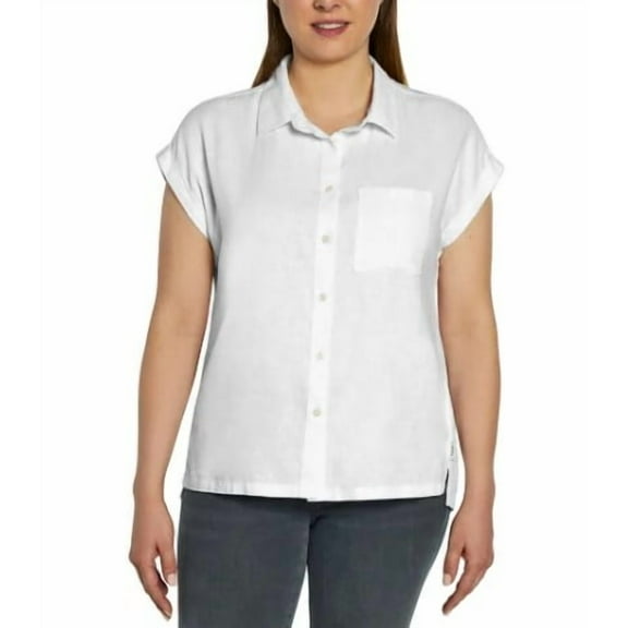 Orvis Women's Button Front Short Sleeve Linen Blend Shirt (White, L)
