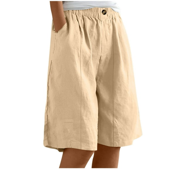 Bloomae Womens Wide Leg Cotton Linen Shorts Comfy Bermuda Shorts Summer Casual Button Elastic Waist Short Pants Loose Knee Length Shorts with Pockets Beige L