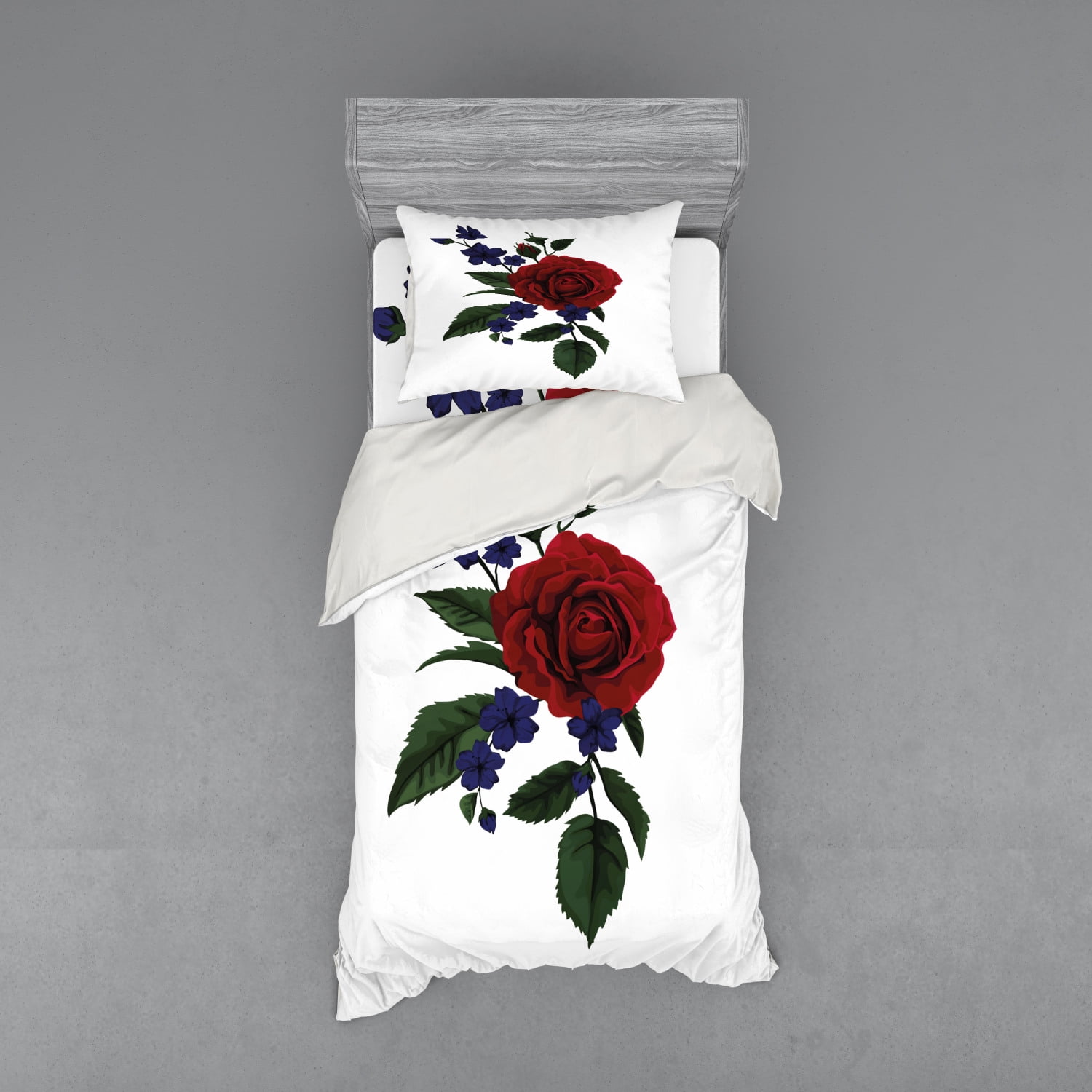 Rose Duvet Cover Set, Rosebud with Little Blossoms Leaves Love and