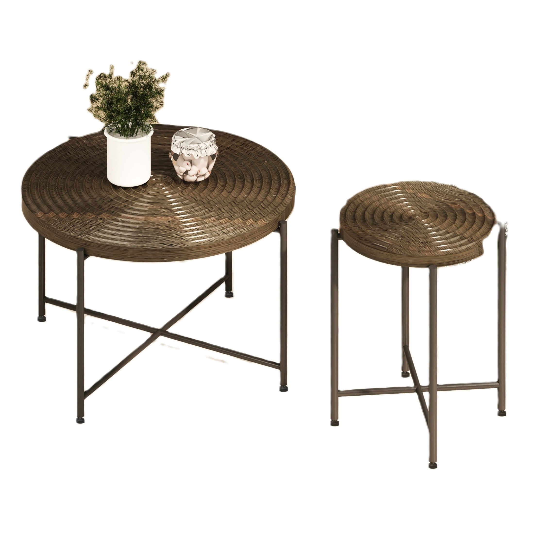 GDF Studio 2-Piece Coffee and End Table Set with Radial Ring Pattern Tabletops, Black Metal Legs, Walnut Brown