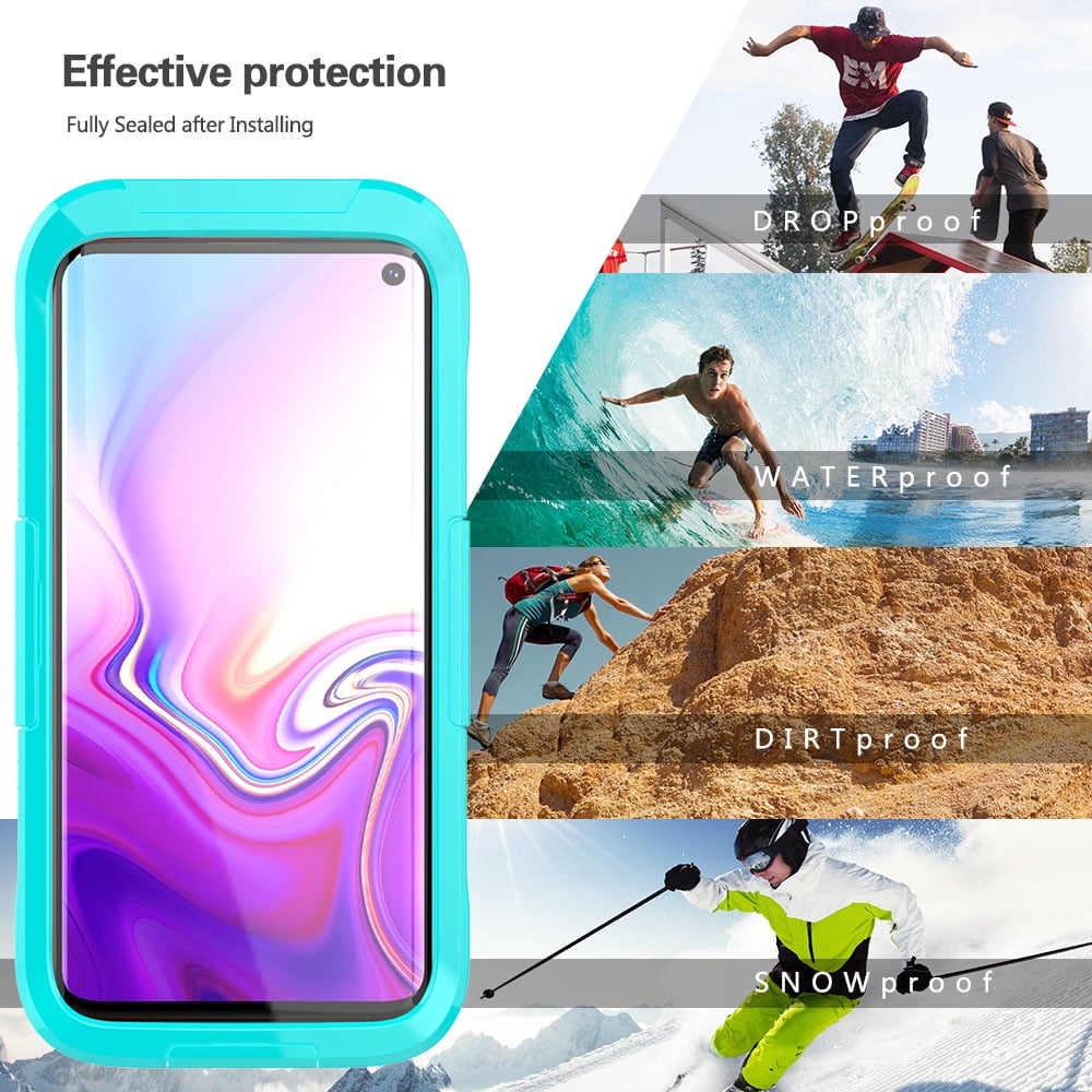 Waterproof Fully Sealed Hard Case For Samsung Galaxy S10 With Plastic Screen Protector Cover For Swimming, Beach, Camping, Vacation Outdoor Use (Aqua)