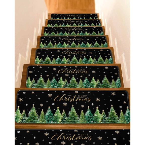 Christmas Tree Stair Treads for Wooden Steps Indoor Runner Rug Carpet, Winter Snowflakes Xmas Pine Tree Black 7 Pieces Peel and Stick Staircase Step Treads Covers Washable Throw Door Mats, 30"x8"