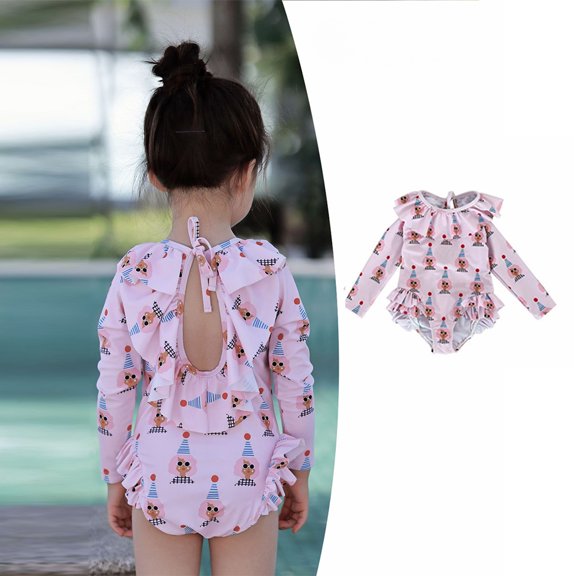 LYMAYTER Baby Toddler Girl Long Sleeve Ruffle Swimsuit One Piece Rash Guard Bathing Suit with 6M-8Y