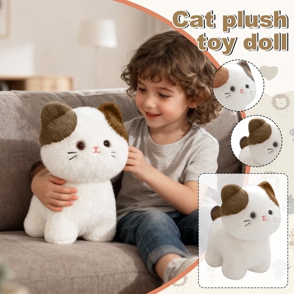 8.66 Inch Cute Calico Cat Stuffed , Soft Fluffy White Brown Kitten Plush Doll, Adorable Cuddly Kitty Plushie for Birthday Christmas Gift Bedroom Decor