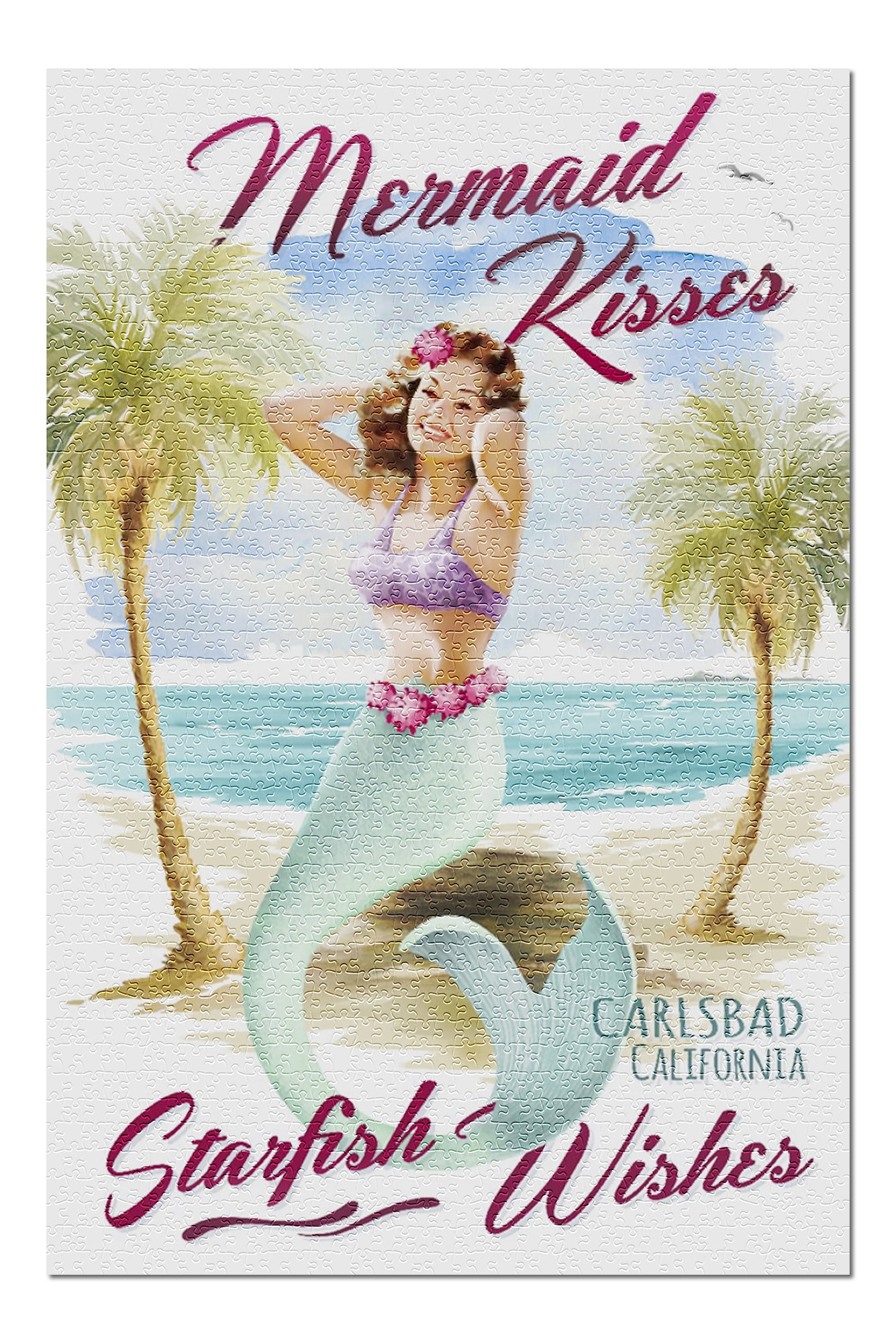 Carlsbad, CA - Mermaid Kisses and Starfish Wishes - Watercolor (20x30  Premium 1000 Piece Jigsaw Puzzle, Made in USA!) - Walmart.com