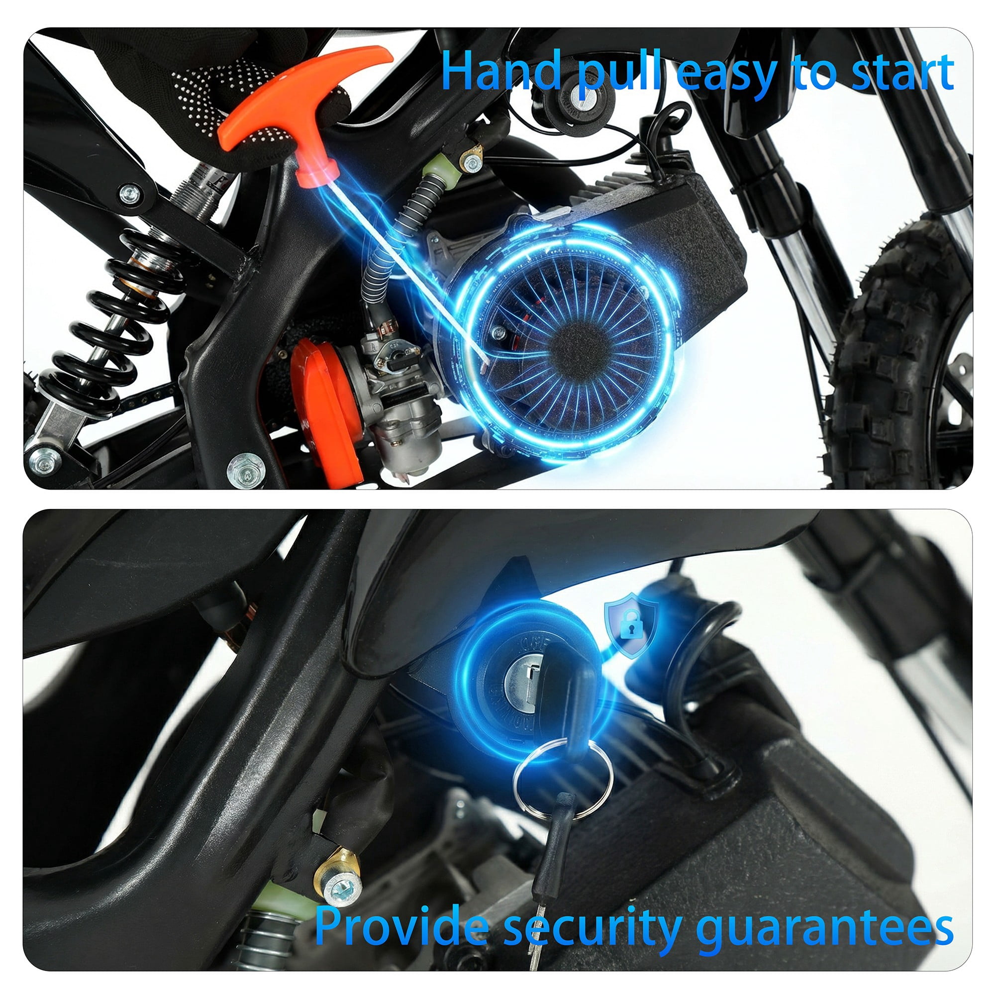 FONA 49cc 2-Stroke Dirt Bike for Kids 8-12, 25mph Mini Motorcycle with Dual Disc Brakes, Multi Terrain Tires, Suspension & Soft Seat Black
