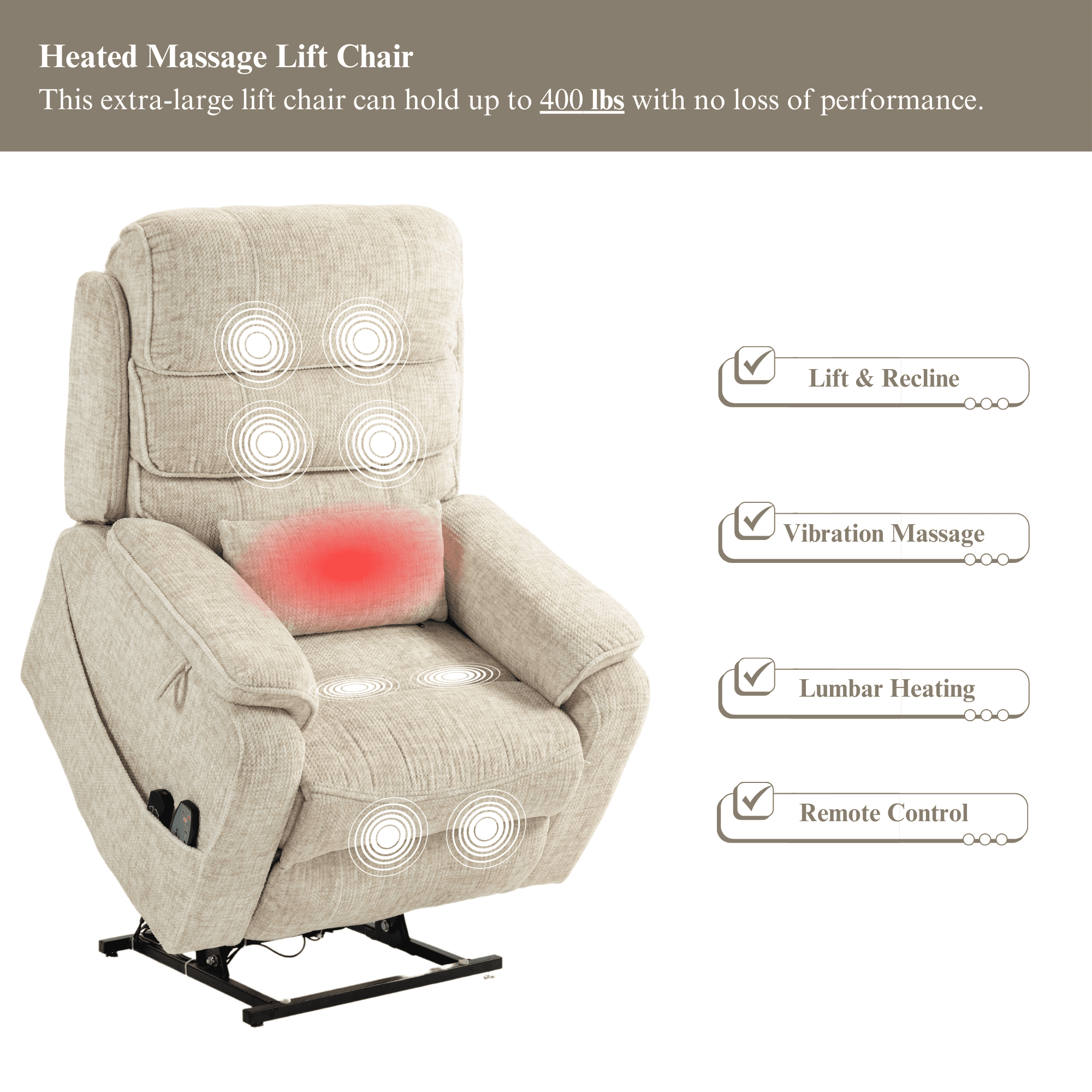 JUUXO Power Lift Lay Flat Recliner with Wireless Charger, Cup Holder - Dual Motor Lift Chair for Big Tall