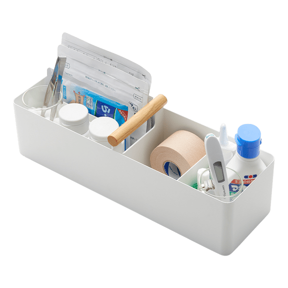 Yamazaki Home Slim Storage Box, White, Steel   Wood, Handle, Divider, No Assembly