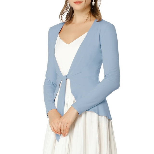 Allegra K Juniors Tie Open Front Long Sleeve Knit Metallic Ruffled Crop Cardigan