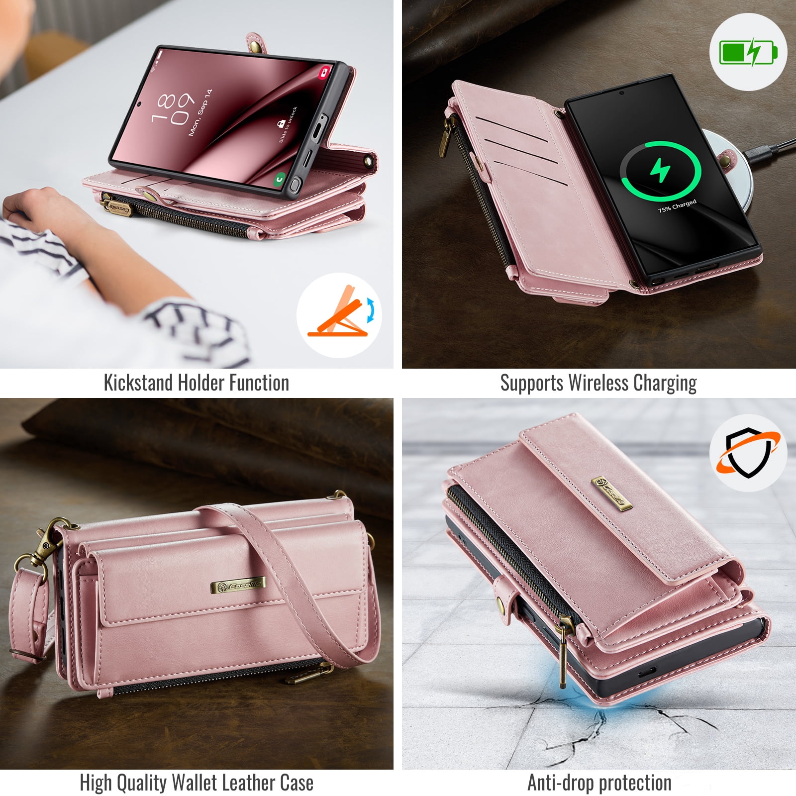 Decase Wallet Case for Samsung Galaxy S25 Ultra,Magnetic Flip Zipper Pocket PU Leather Phone Cover,Crossbody Flip Cover with RFID Card Slots,Pink