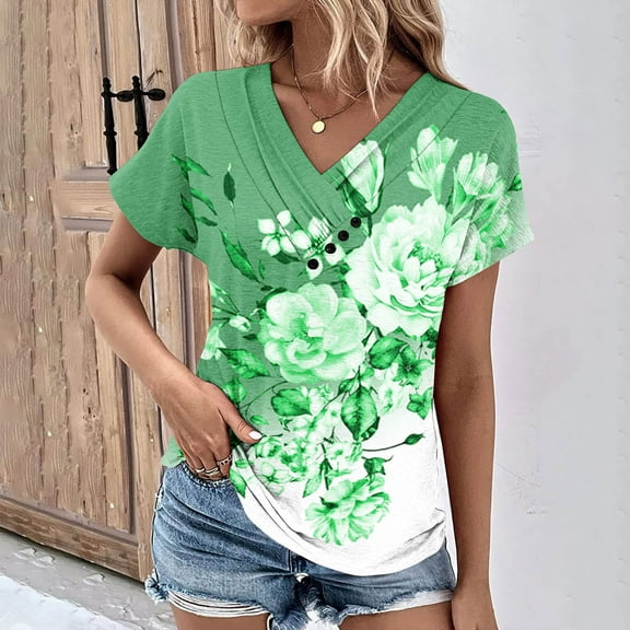Pincandy Women's-Neck Fashion Casual Short-Sleeved Spring And Summer Tunic Tops V Neck Summer Shirts Floral Print Tops Dressy Blouse,Green,L