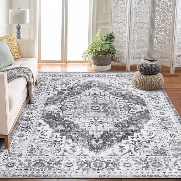 9x12 Area Rug Living Room Washable Low Pile Vintage Medallion Grey