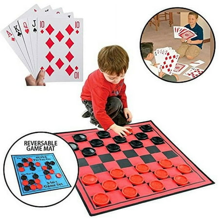 KOVOT Jumbo Game Set - Includes Huge Playing Cards & 3-in-1 Large Reversible Game Mat: Jumbo Checkers, Tic Tac Toe & Super Tic-Tac-Toe