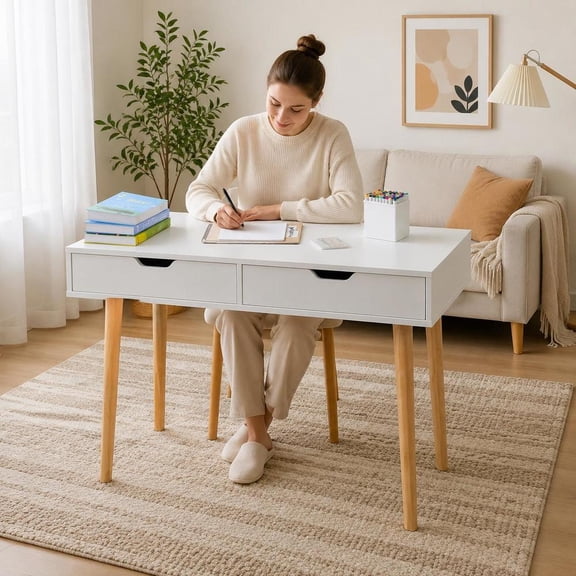 Small Wooden Desk with Drawers, Kids Study Table for Drawing, Reading, Writing, Mdf Storage Desk, White Wood