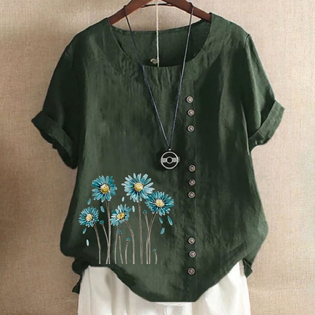 TopLLC Chemises Mexicaines pour Femmes Hauts Brodés Traditionnels Tunique Décontractée à Fleurs pour Femmes Col Rond Manches Courtes Chemises en Lin