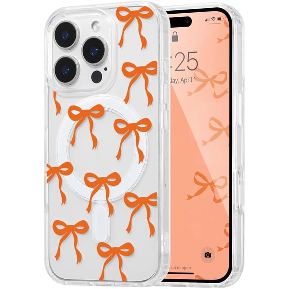 LKYUHGS-Magnetic for iPhone 13 Pro Max Case, Bow Case Compatible with MagSafe, Wireless Slim Clear Ribbon Aesthetic Phone Cover Anti-Yellowing Shockproof Protective Cover for Women Girl - Orange
