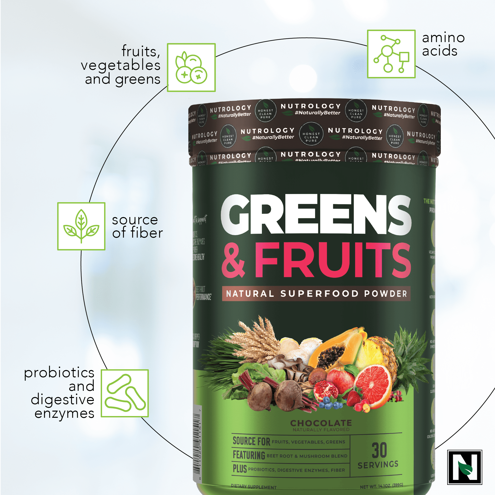 Nutrology's Greens & Fruits-Naturally Sourced Fruits, Vegetables, Greens, Beet Powder & Mushroom Blend-Probiotics, Digestive Enzymes, Fiber, Antioxidants, Immune Support - Chocolate Taste-30 Servings