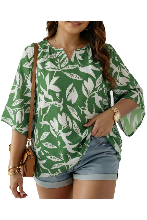 Womens Plus Size Tops V Neck 3/4 Bell Sleeve Womens Blouse, Trendy Tunic Summer Shirts for Women 1X-5X