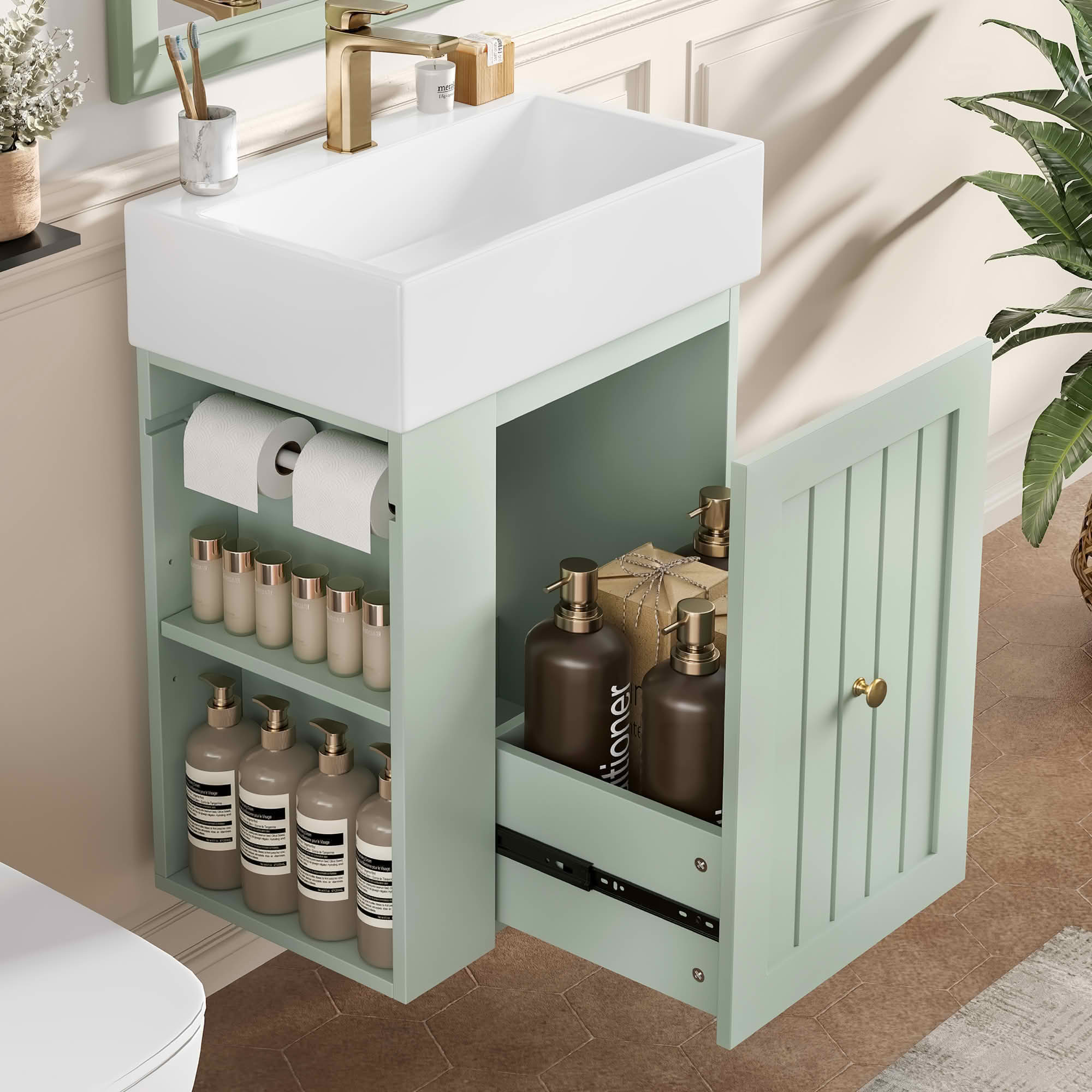 MAYEERTY 20" Bathroom Vanity Ceramic Sink MDF Storage Drawer Side Shelf Golden Handle Small Bathroom