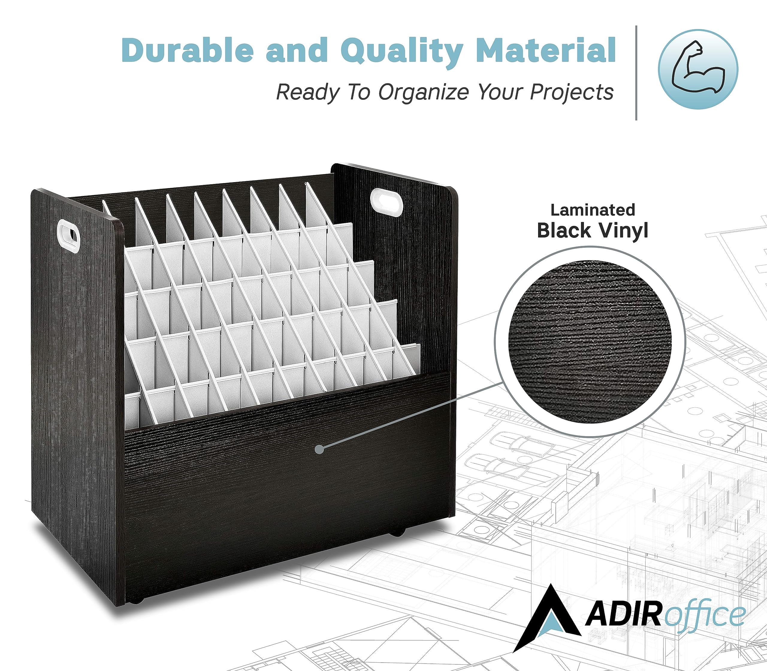 AdirOffice Blue Print Storage Organizer- Mobile Roll File Cart, Construction Plan Holders, Blueprint Cabinet with Wheels (50 Slots, Black)